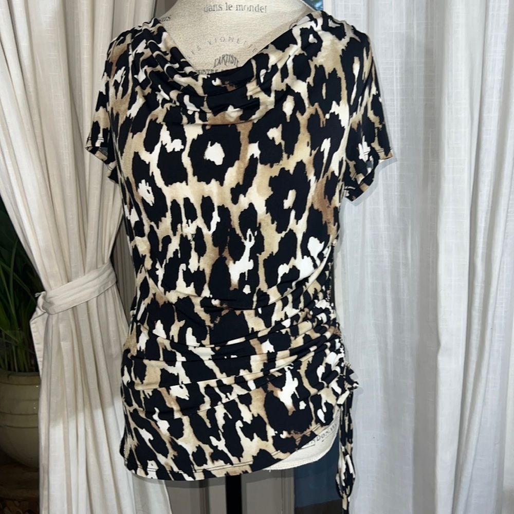 Michael Kors animal print Cowl Neck Blouse Cinched Ruched Side Tie shirt Small​